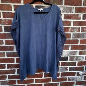 UMGEE Boho‎ Tunic Top Slate Blue Lace Crochet Trim V-Neck Flowy Blouse M/L